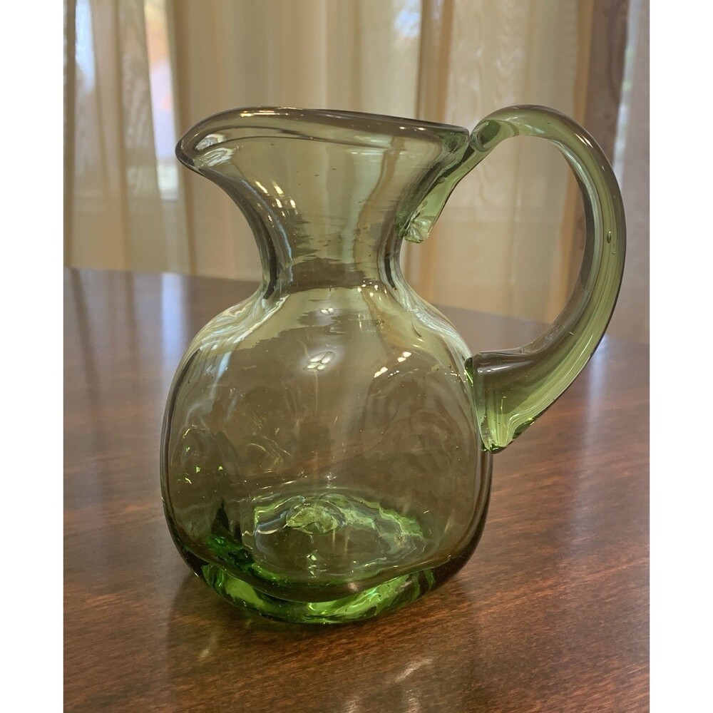 Vintage Hand Blown Small Green Glass Pitcher Vase Handle Flared Spout
